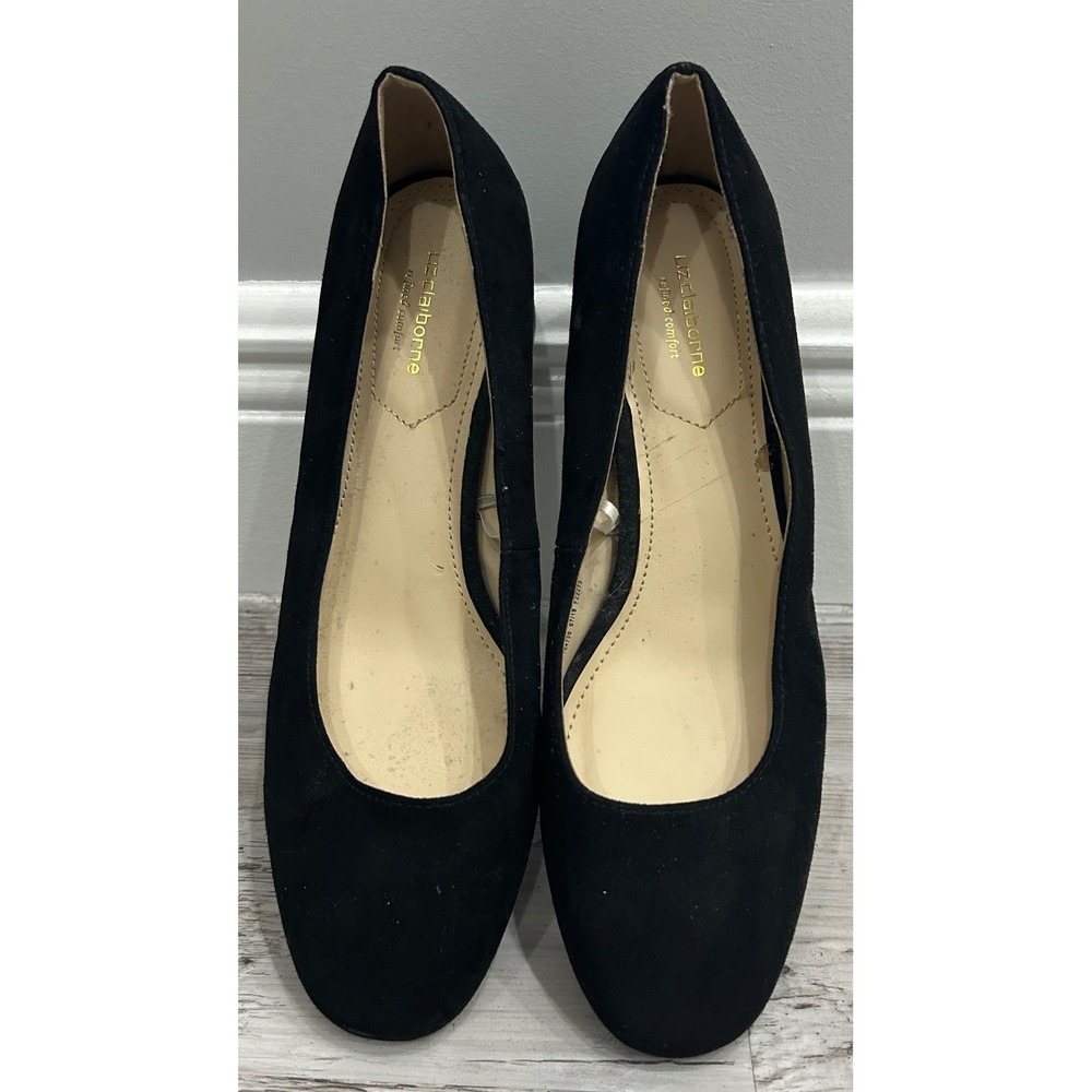 Liz Claiborne Womens‎ Black Faux Suede Round Toe Block Heel Pumps  Classic 9.5